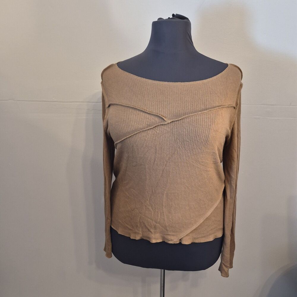 Design History Women's Ribbed Long Sleeve Shirt Size XL Al Brown Seam Detailing